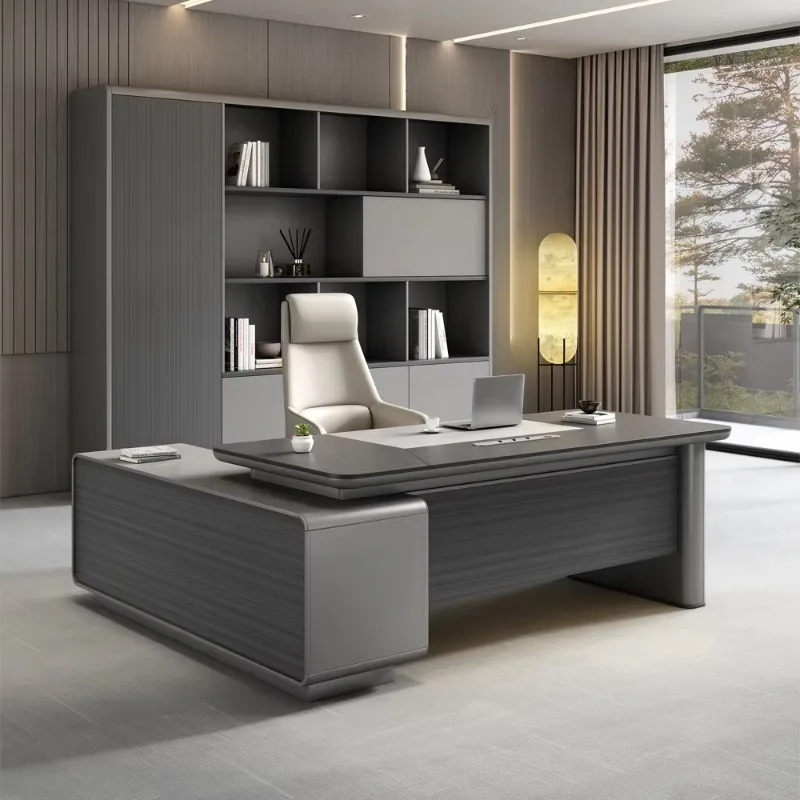 Meja Kerja Kayu Bentuk L Berkualitas Tinggi Desain Modern untuk Eksekutif, Fitur Konvertibel untuk Bos