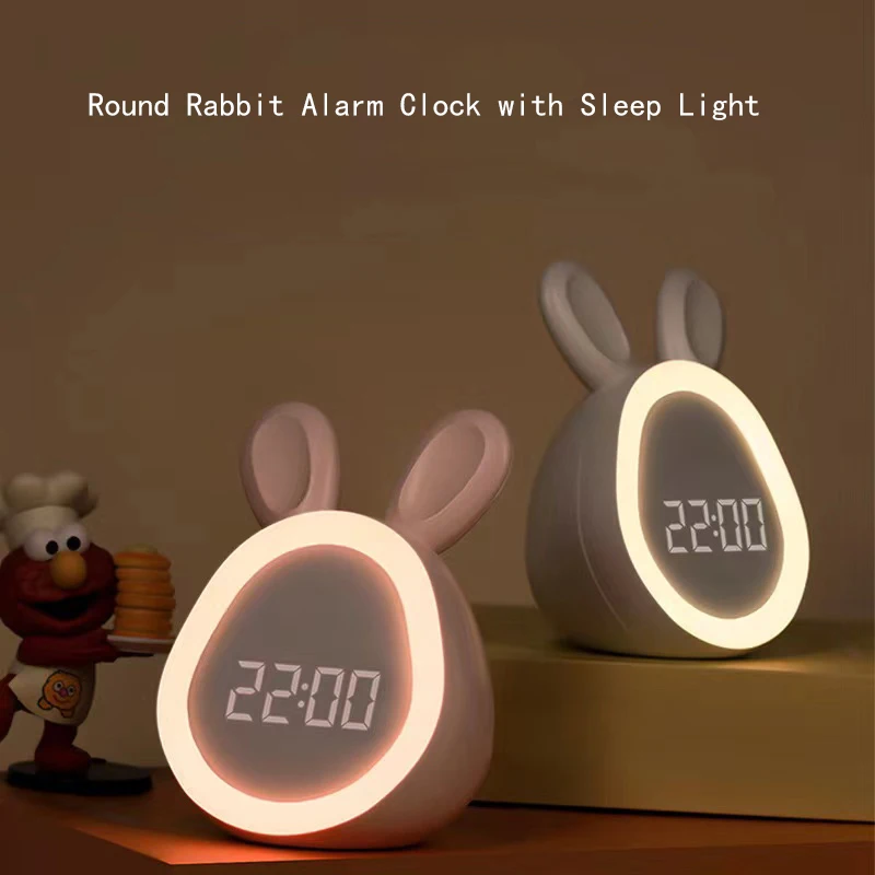 Round Rabbit Alarm Clock Night Light Student Dormitory Digital Display Children's Wake Up Light USB Charging Small Alarm Clock