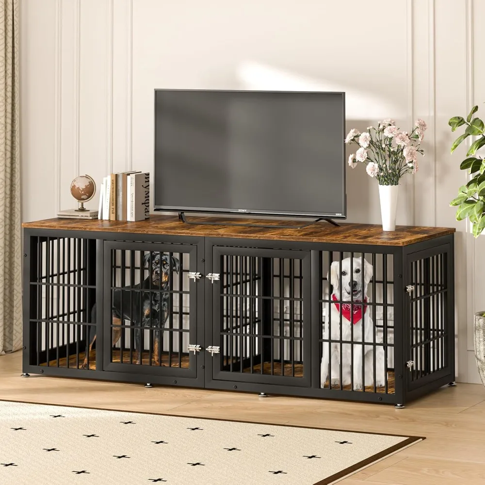 

78 Inch Double Dog Crate Furniture, Heavy Duty Extra Large Cage Furniture with Divider for 2 Dogs, Decorative Wooden Kennel Furn