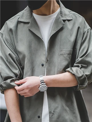 

Maden Casual Long Sve Velvet irt Loose Fit V-Ne Cuban Collar Japanese Street Sle Polyester Nylon Youth Faion irt