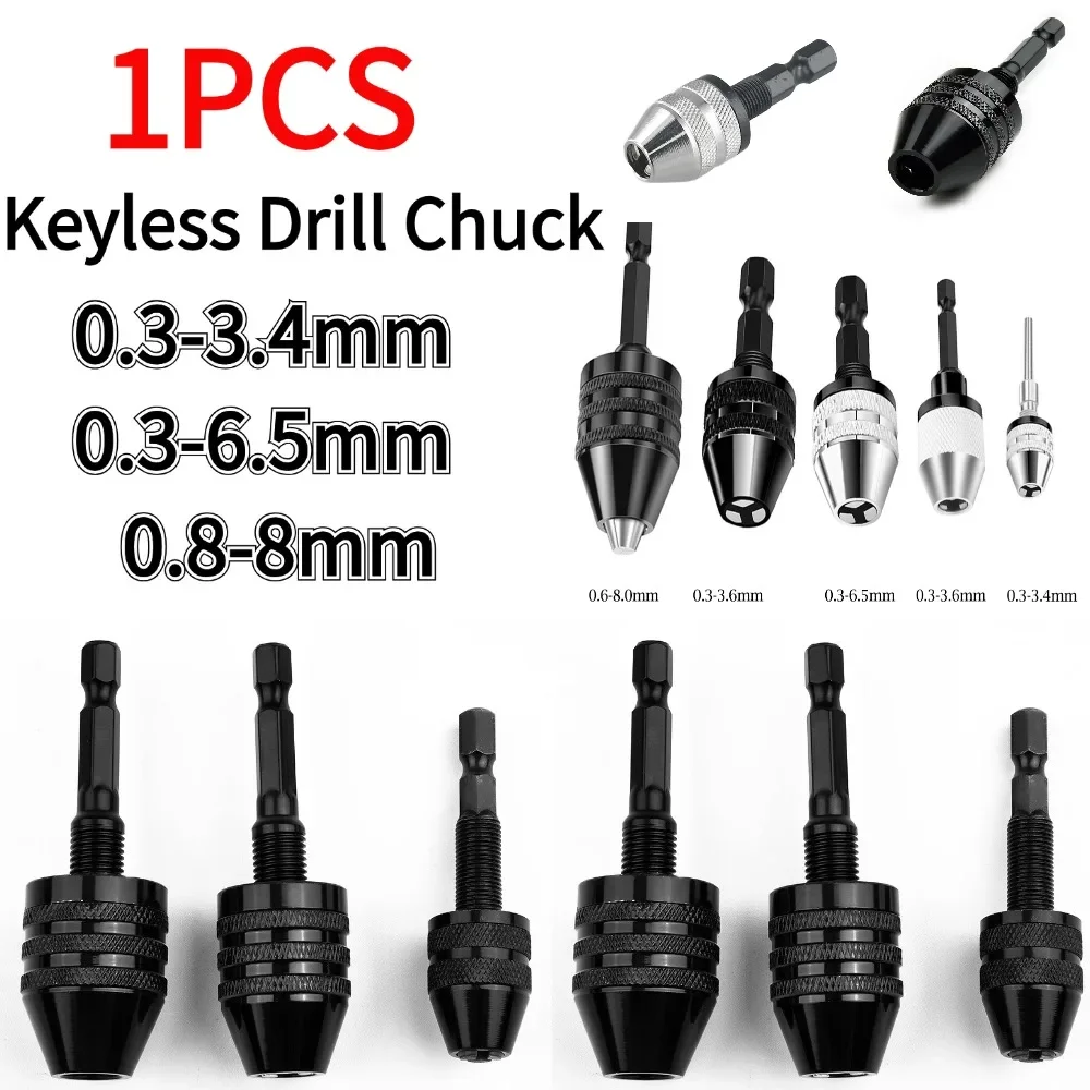 0.3-8mm Keyless Drill Chuck Self-Tighten Electric Drill Bits Colletting Fixture Tools 1/4 Inch Hex Shank Quick Change Converter