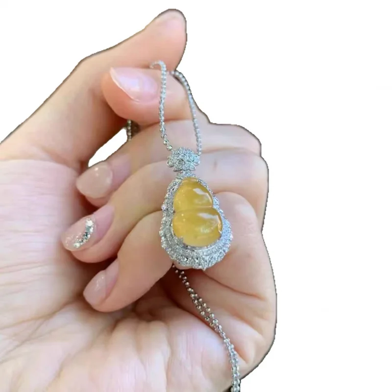 Ice yellow jade gourd pendant, natural Burmese A-grade, 18k gold, genuine, full color, fortune and prosperity amulet with certif