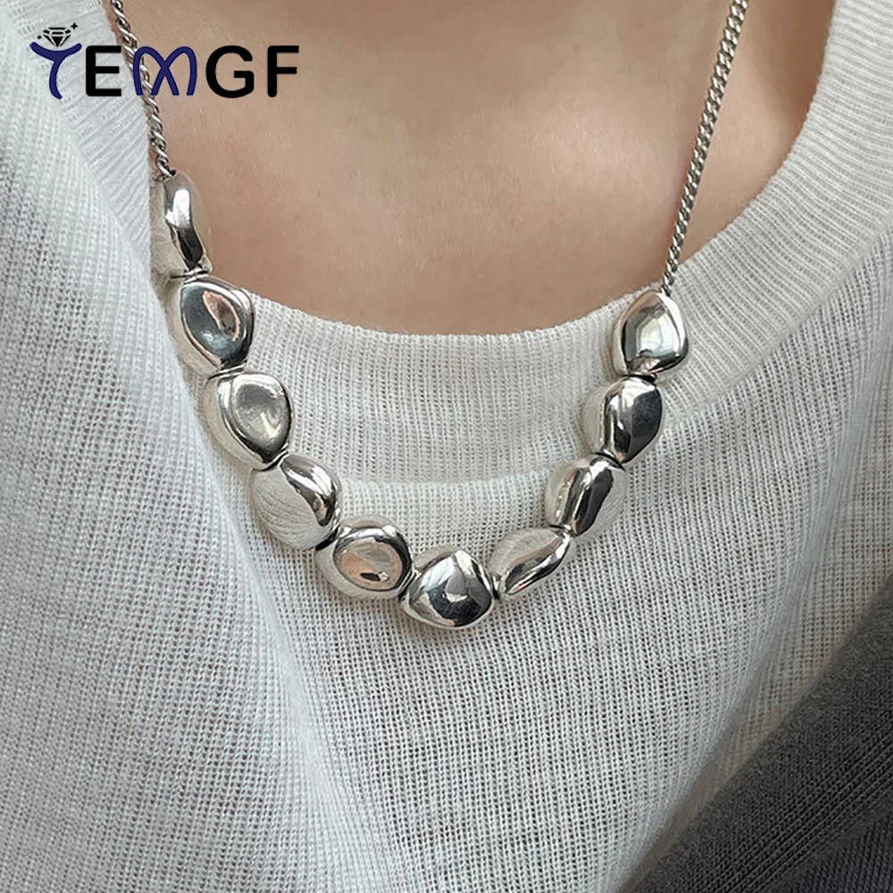 

TEMGF 925 Sterling Silver Necklace Irregular Hollow Stone Sweater Chain Hip Hop Fashion Chain Unisex Stacked Jewelry for Winter