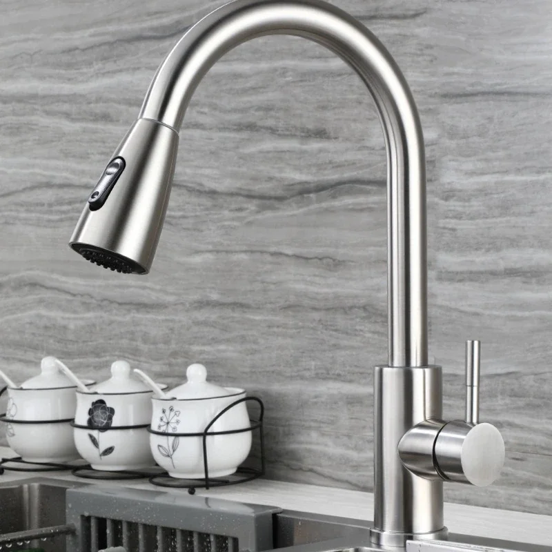 ZEXEF 304 الفولاذ المقاوم للصدأ صنبور مفصلي بالوعة المطبخ صنبور حوض خلاط فقط ثقب واحد سحب صنبور تيار البخاخ 360 دوران #5