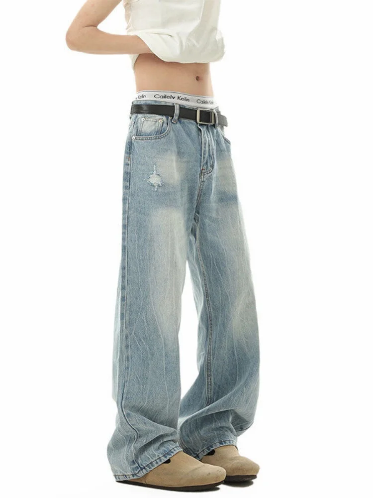 

Модные стильные мужские джинсы с легким рваным эффектом, весенне-осенние, в американском уличном стиле, с драпировкой, с высокой талией, широкие штанины