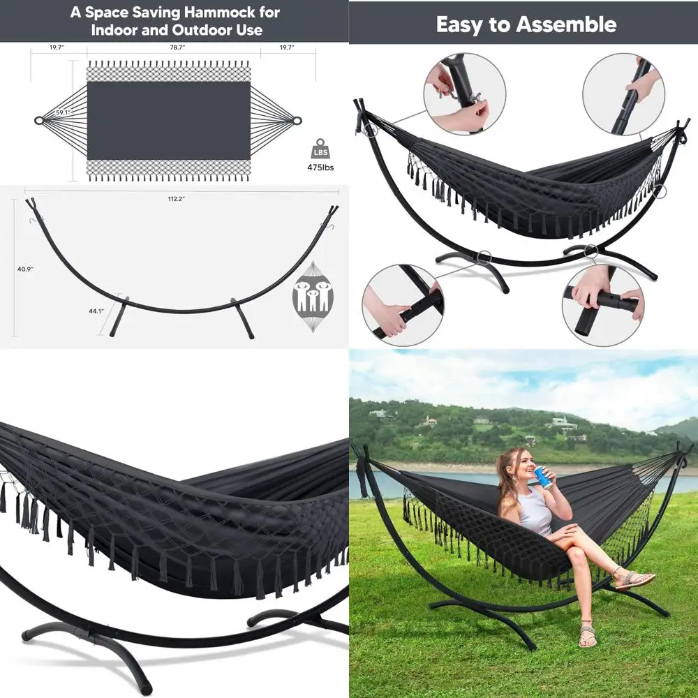 

Двойной уличный гамак с подставкой, отделка кисточкой, темно-серый