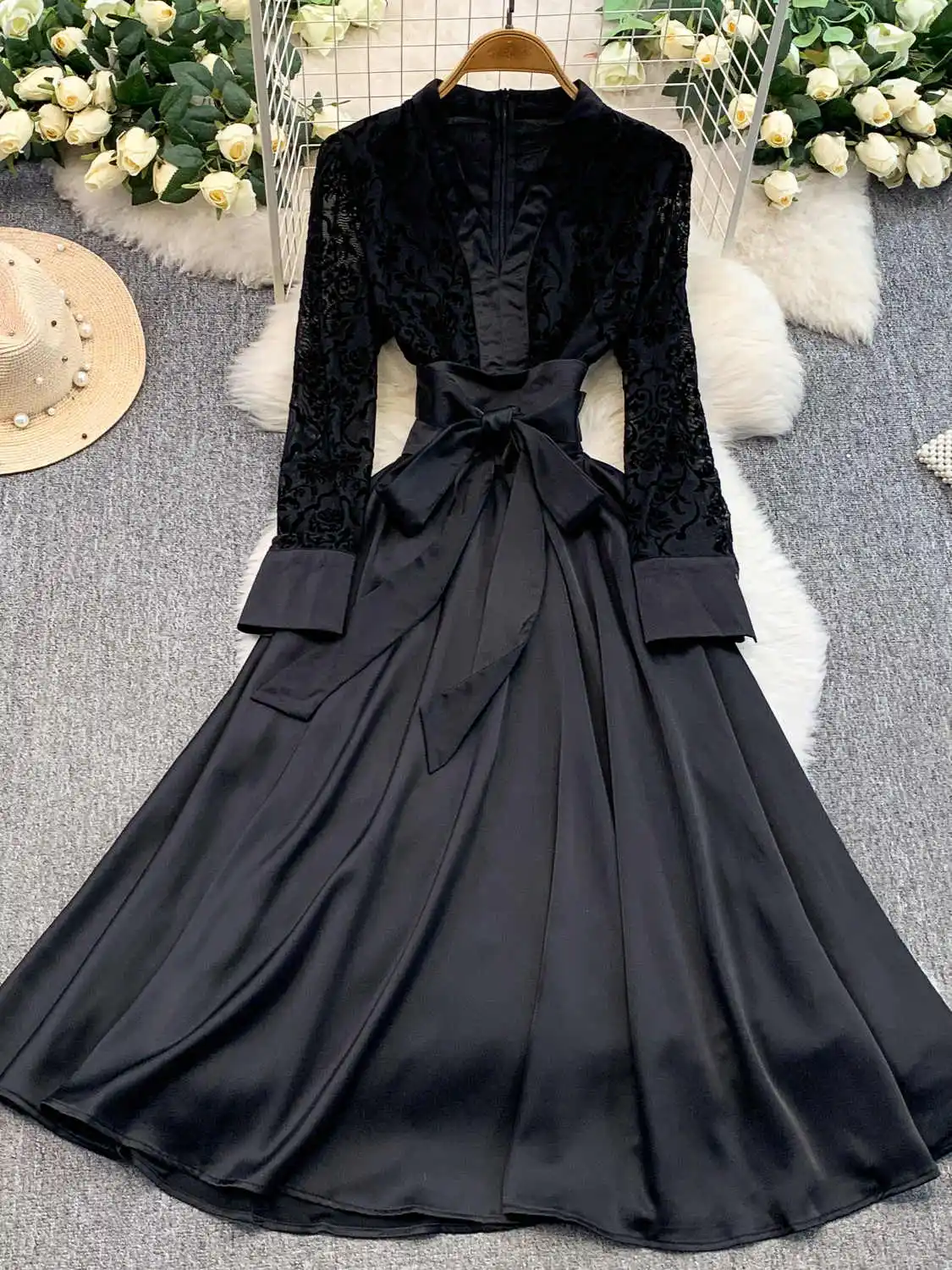 

Женское черное готическое лоскутное вечернее платье трапециевидной формы с бантом, винтажное роскошное вечернее платье с длинными рукавами Y2k, цельные платья, осенняя одежда