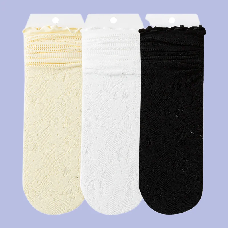 5/10 Pairs New Summer Thin Breathable Comfort Cotton Socks Women's Sweat-Absorbent Hollow Small Flower Wood Ear-edge Long Socks