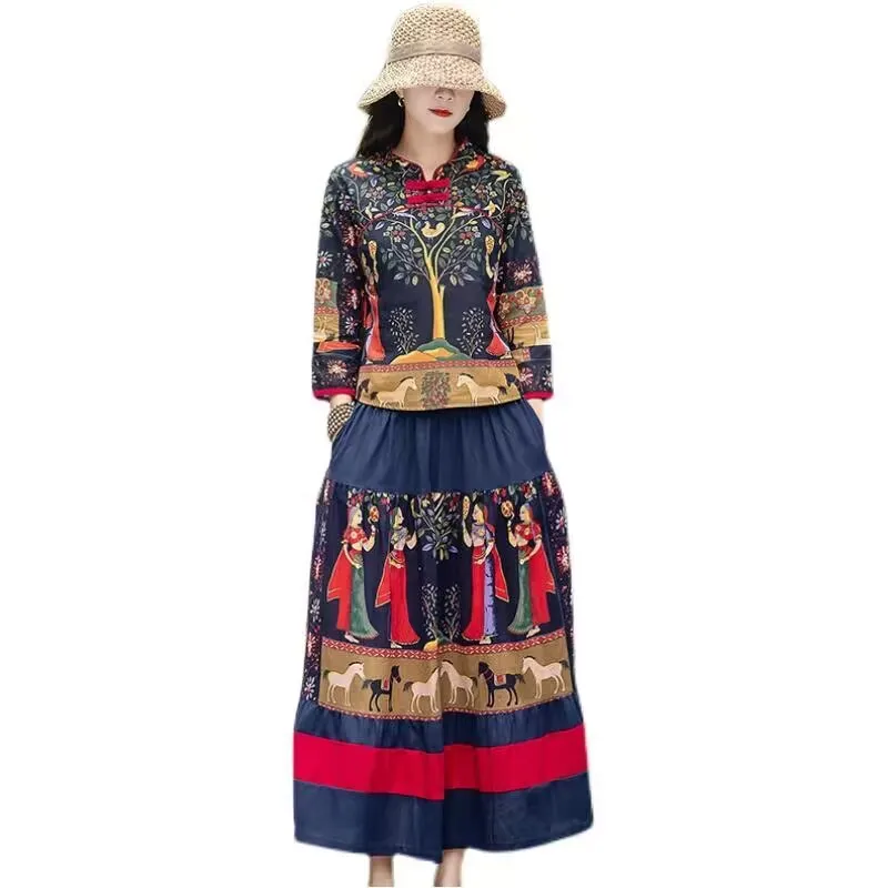 Retro China Style Women Cotton Linen Tops Skirt Set Clothing Ethnic Traditional Tang Suit Blouses Harajuku Fairy Orientale Ropa