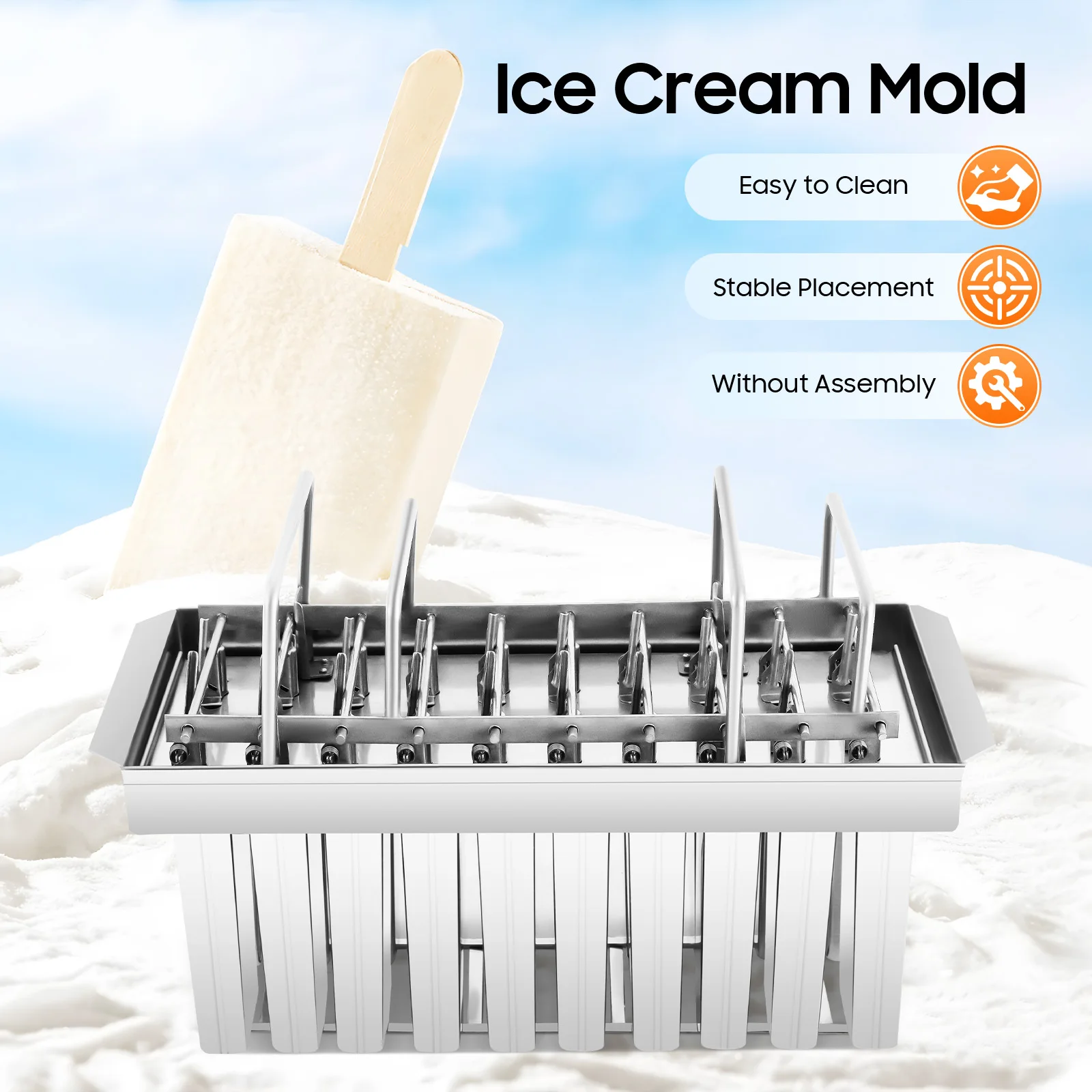 

20-Cavity Stainless Steel Ice Cream Mold Flat Head Design Easy Demold for Home Commercial Use DIY Popsicle