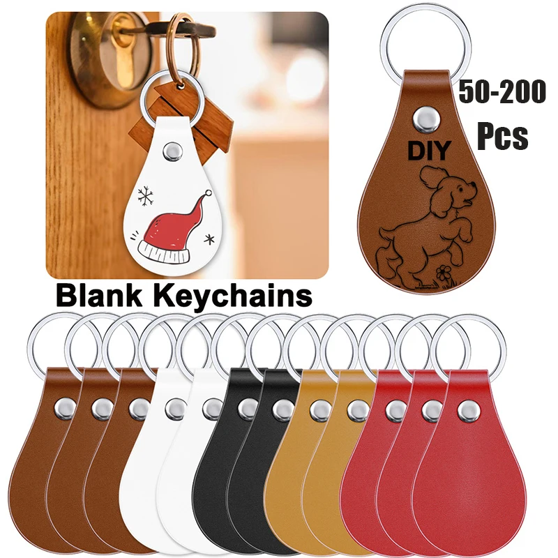 50-200Pcs Water Drop Shaped Blank Leather Key Tag DIY Keychain PU Key Fob Accessories