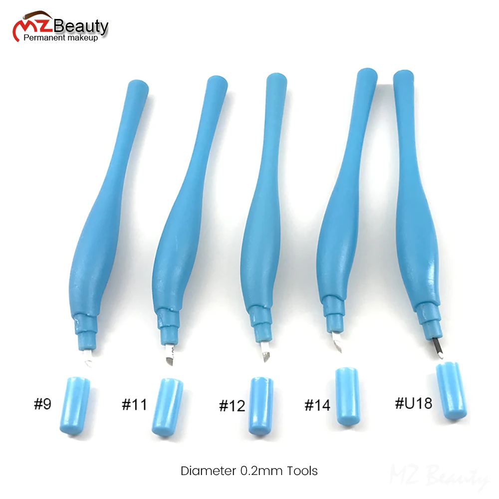 10pcs Professional Permanent Makeup Blue Disposable Microblading Pens Hand Tools With Caps 0.2mm Needles Embroidery Tebori Blade