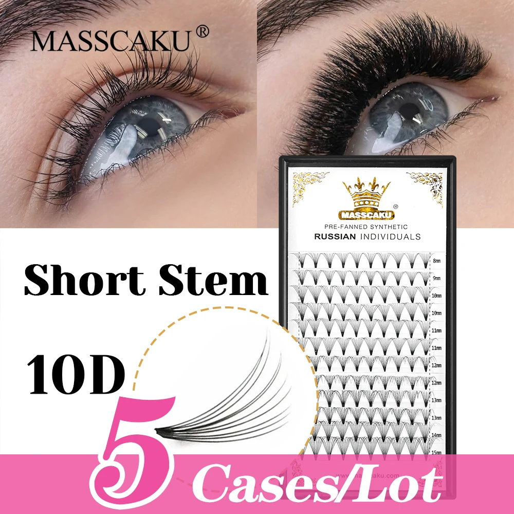 

12 Rows MASSCAKU 5cases/lot 8-15mm and Mix Size Short Stem Fans Eyelash Individual Faux Mink Thin Root Volume Lash Makeup Tools