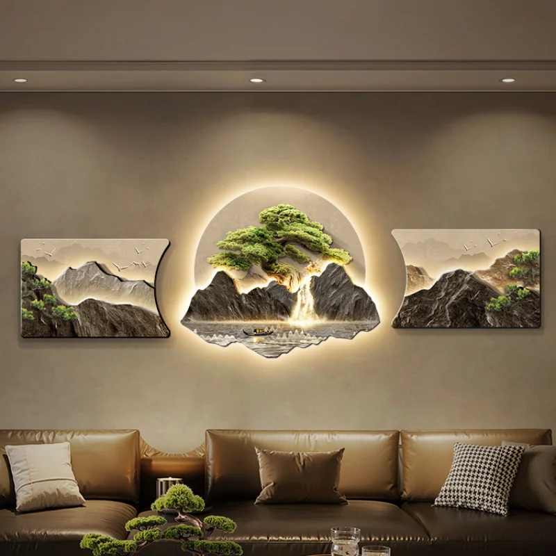 New Chinese Style Welcoming Pine Decoration Mural Lamp Sofa Living Room Background Wall Hanging
