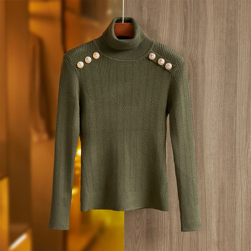 Wool Blend Luxury Turtleneck Women\'s Sweater Army Green Warm Winter Padder Shoulder Casual Knitted Tops