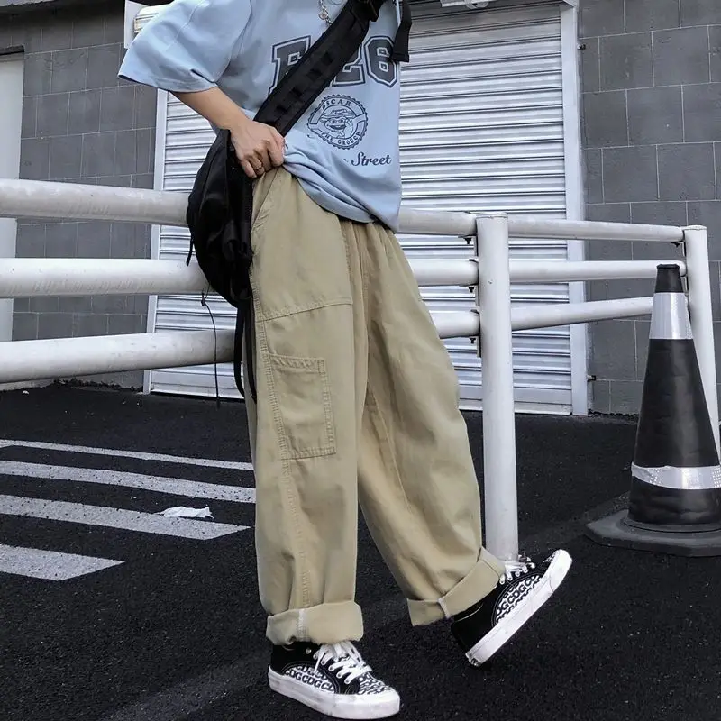 Men's Clothing Spring Autumn Wide Leg Solid Color Elastic Pockets High Waisted Trousers Cargo Preppy Style Korean Fashion Pants