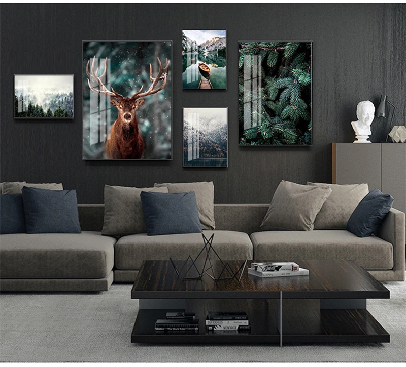 Nordic Fog Forest Deer Animal Canvas Wall Art Print Painting Mountain Lake Landscape Poster Nature Decorative Picture Home