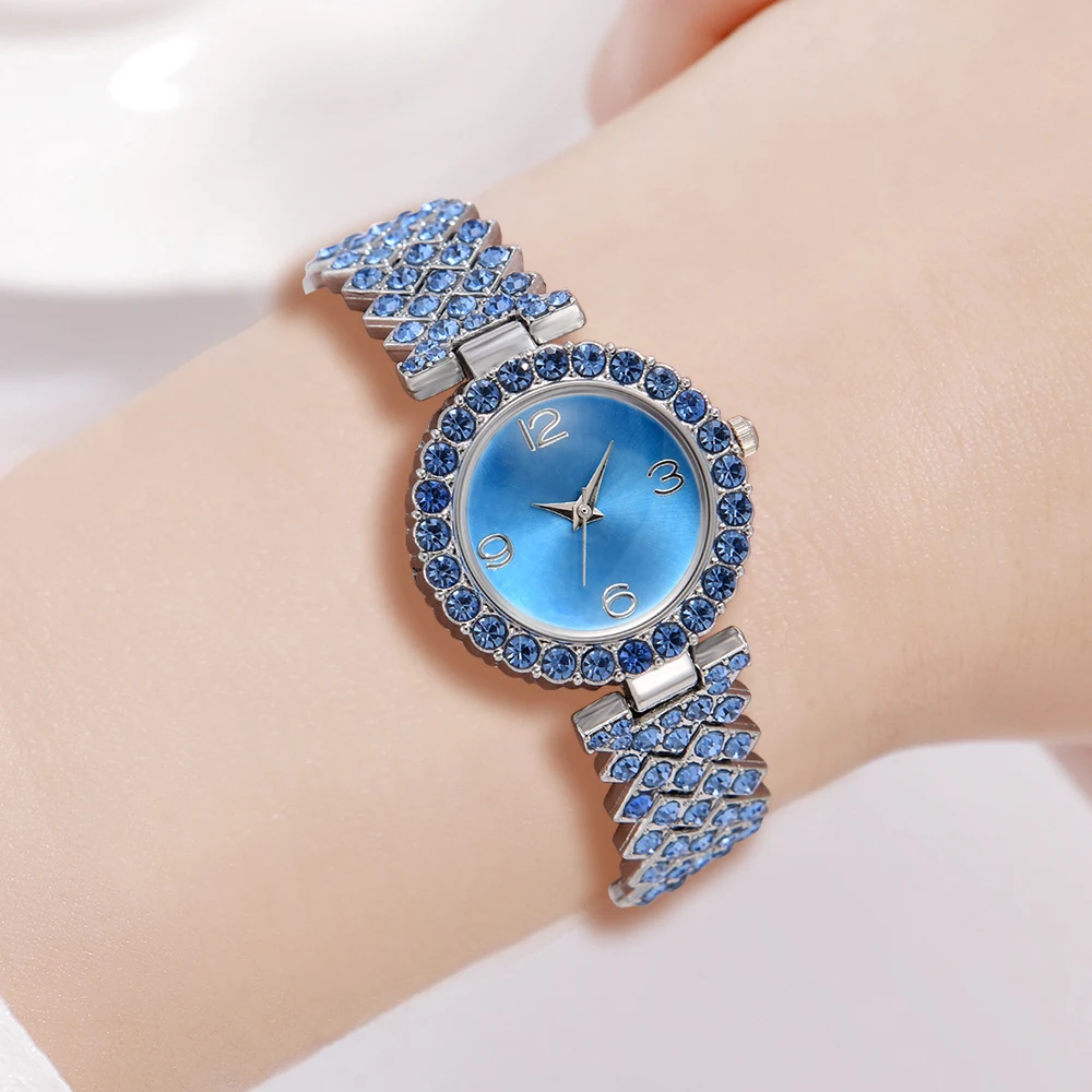 Silver Blue 6PCS/Set Women Quartz Wristwatch Light Luxury Simple Blue Dial Watch Alloy Strap Watch Jewelry Set Gift For Girls