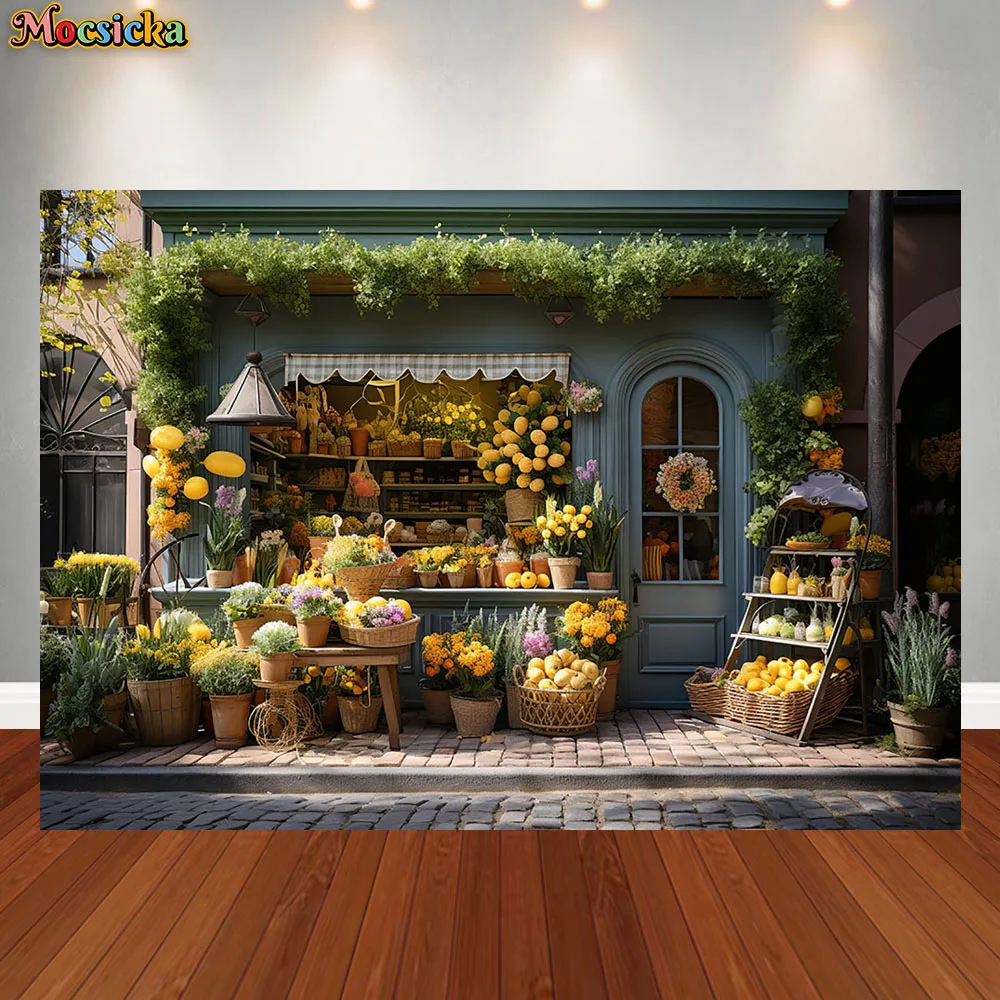 Mocsicka Spring Flower Shop Photography Backdrop Easter Bunny Tulip Garden Colorful Eggs Kids Birthday Portrait Photo Background