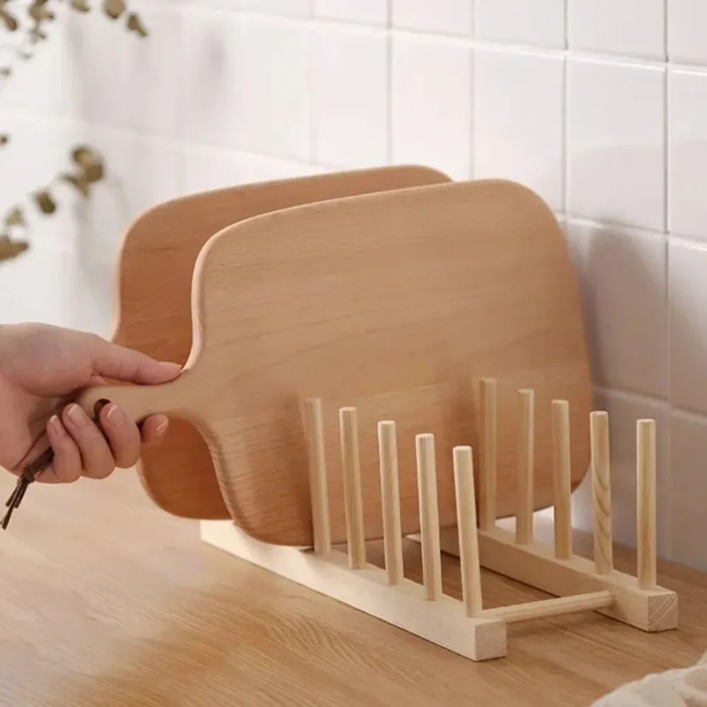 Kitchen Dish Drain Rack Wooden Display Stand Drainer Holder Drying Bowl Holder Simple Pot Lid Shelf Dinnerware Storage Organizer image 4