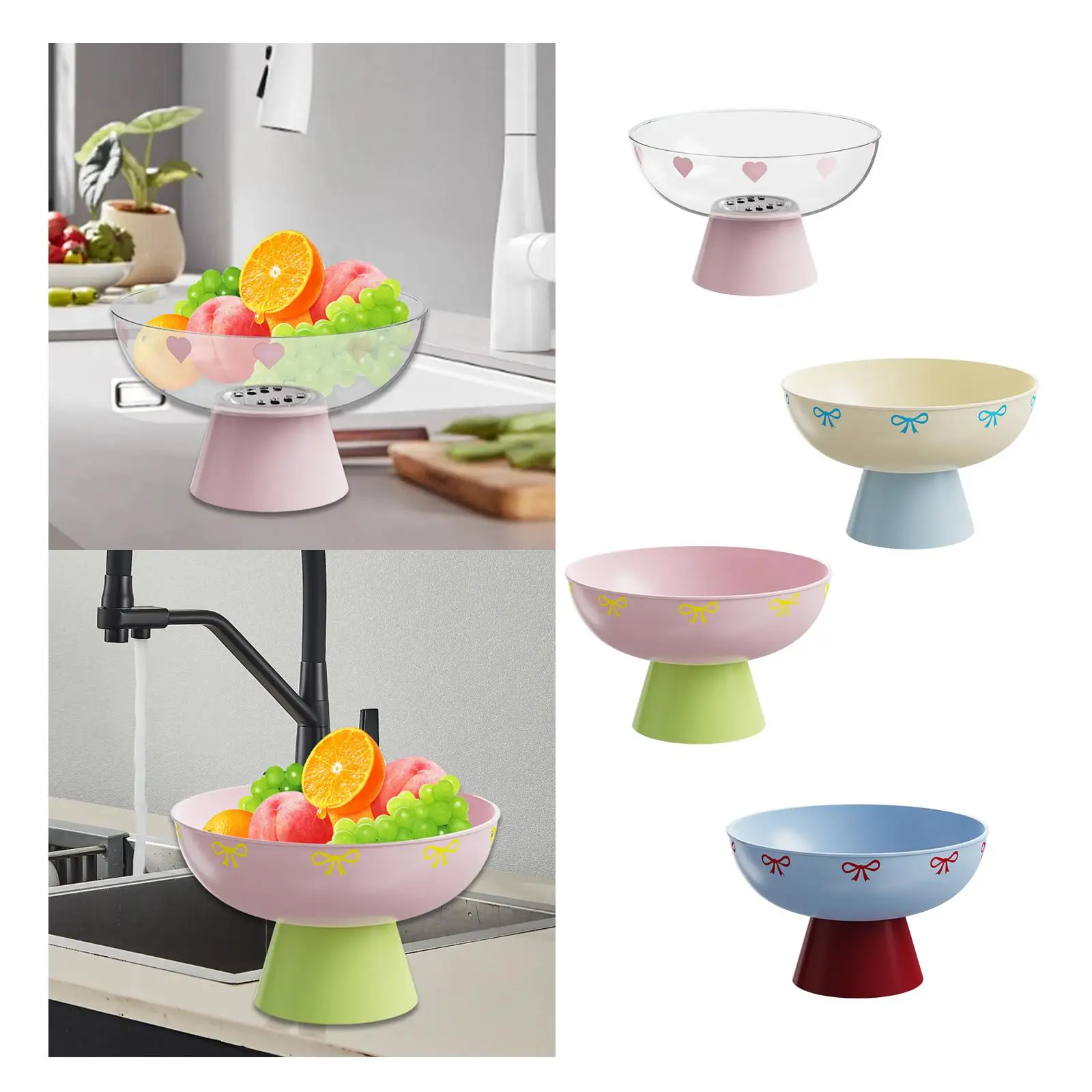 

Fruit Bowl Decorative Bowl Multipurpose Efficient Drainage Kitchen Counter Desktop Serving Tray with Removable Drain Pedestal