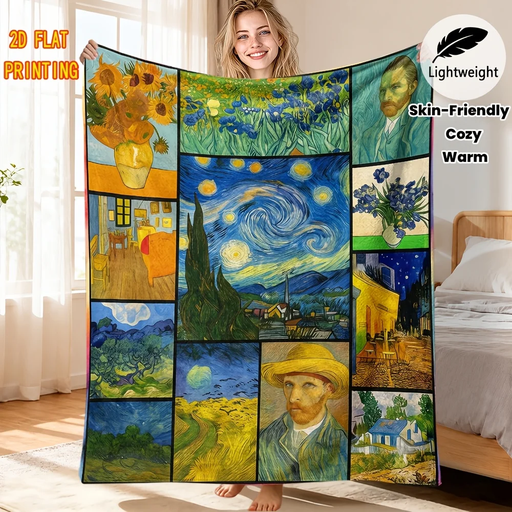 Art Painting Throw Blanket Van Gogh Classic Masterpiece Patchwork Print Soft Flannel for Living Room Couch Art Theme Decor Gift