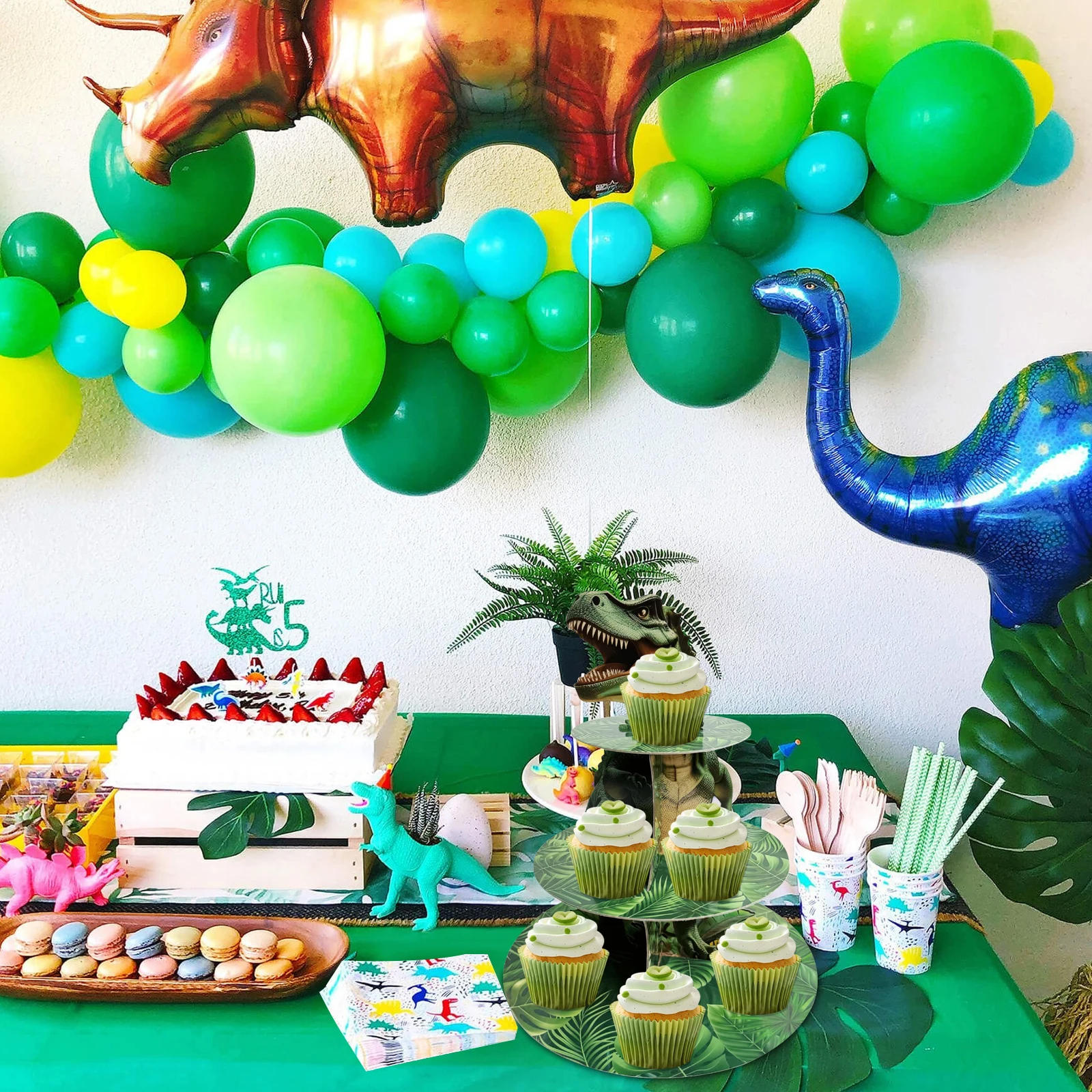 3 الطبقة ديناصور كب كيك حامل زينة الحفلات ديناصور موضوع حامل كب كيك زينة دينو برج الحلوى للأطفال دينو الغابة #4