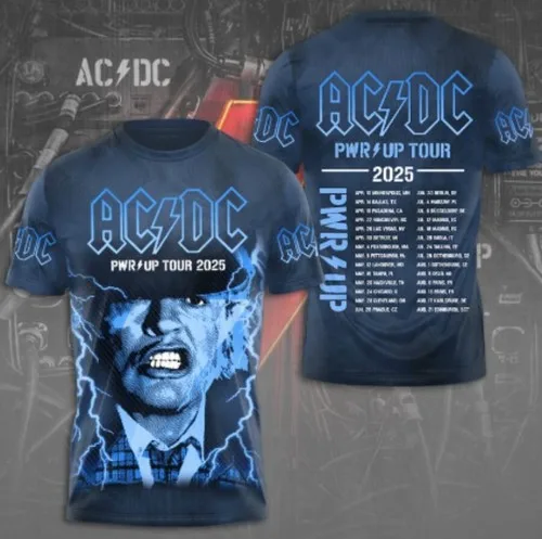 تي شيرت رياضي جديد 2025 مطبوع ثلاثي الأبعاد ACDC Power Up Tour 2025 إصدار محدود ثلاثي الأبعاد للرجال سريع الجفاف وجيد التهوية.