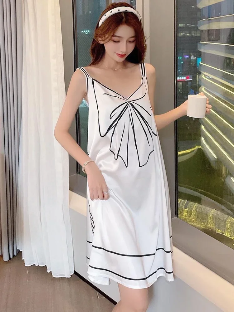 150kg Large Size Loose Nightgown Ice Silk Cool Pajamas Women\'s Summer Thin Loungewear Bow Suspender Nightdress Midi Home Dress