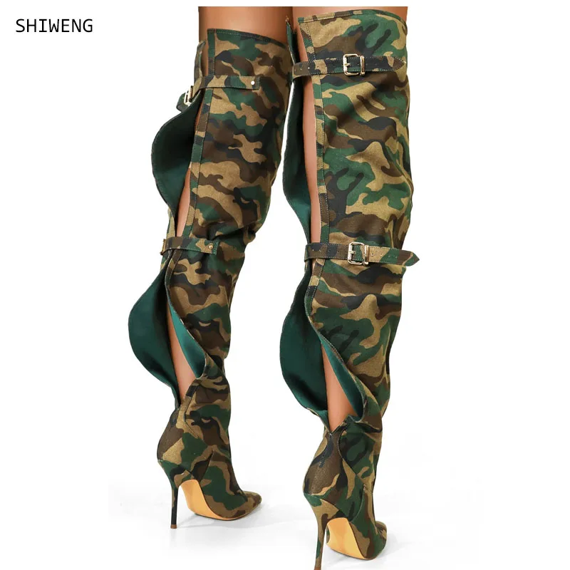 

Камуфляжная ткань, свободные сапоги без шнуровки с острым носком на тонком каблуке, женские сапоги выше колена, длинные туфли Botas, размер 44