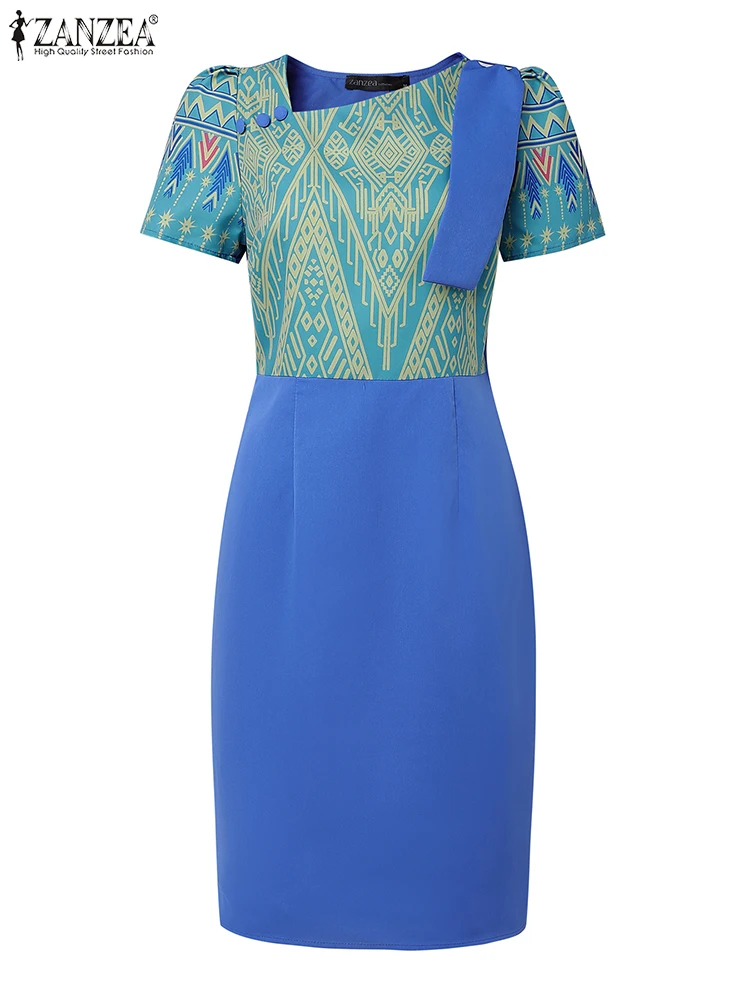 ชุดเดรสทรงดินสอพิมพ์ลาย ZANZEA รุ่น Elegant Sheath สำหรับงานปาร์ตี้ ฤดูร้อน แขนพอง ทรงเข้ารูป ปี 2025 ดีไซน์ทันสมัย แต่งผ้าแบบ Patchwork