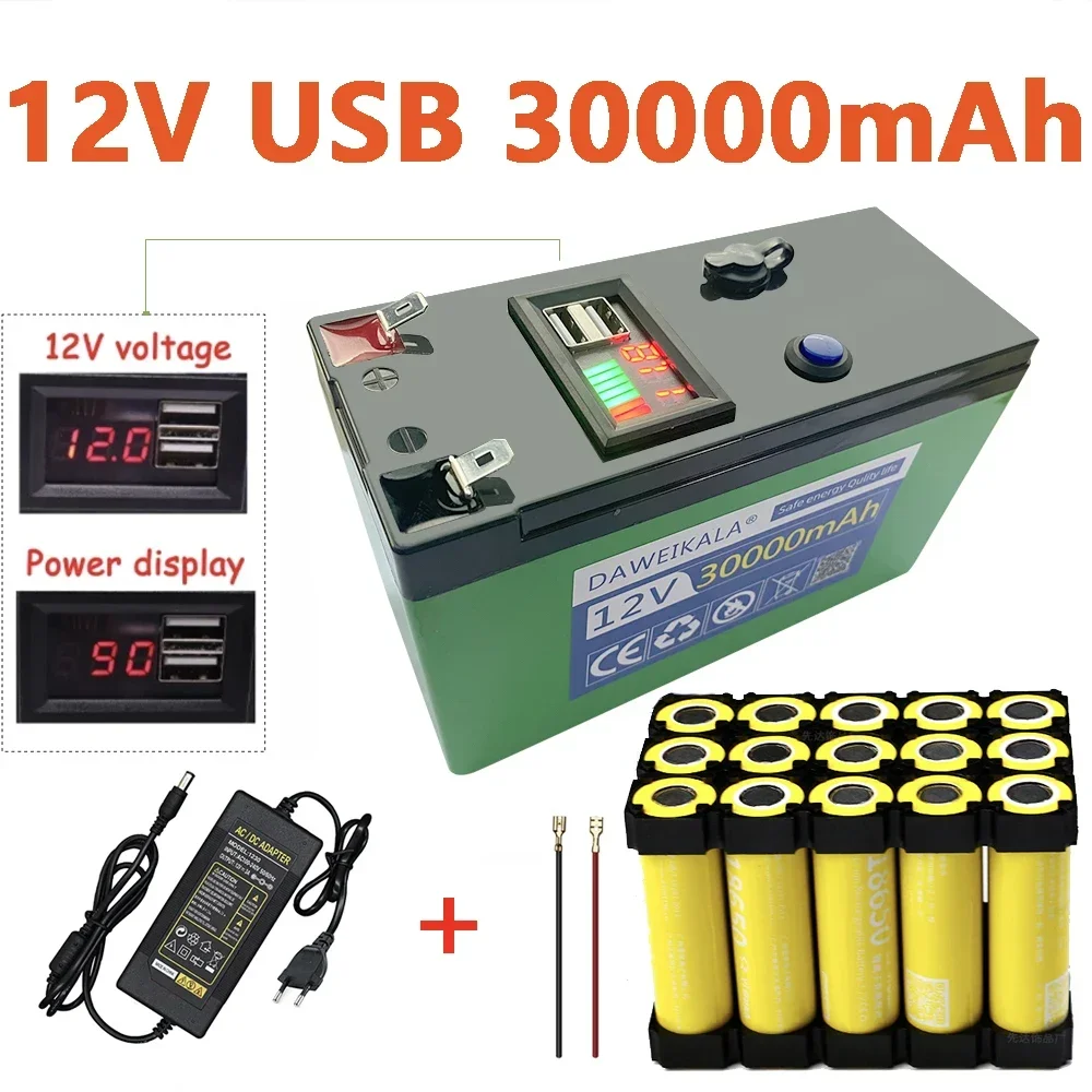 

12V lithium Battery 30Ah 18650 Rechargeable battery pack for solar energy LED lights camping equipment 12.6V charger