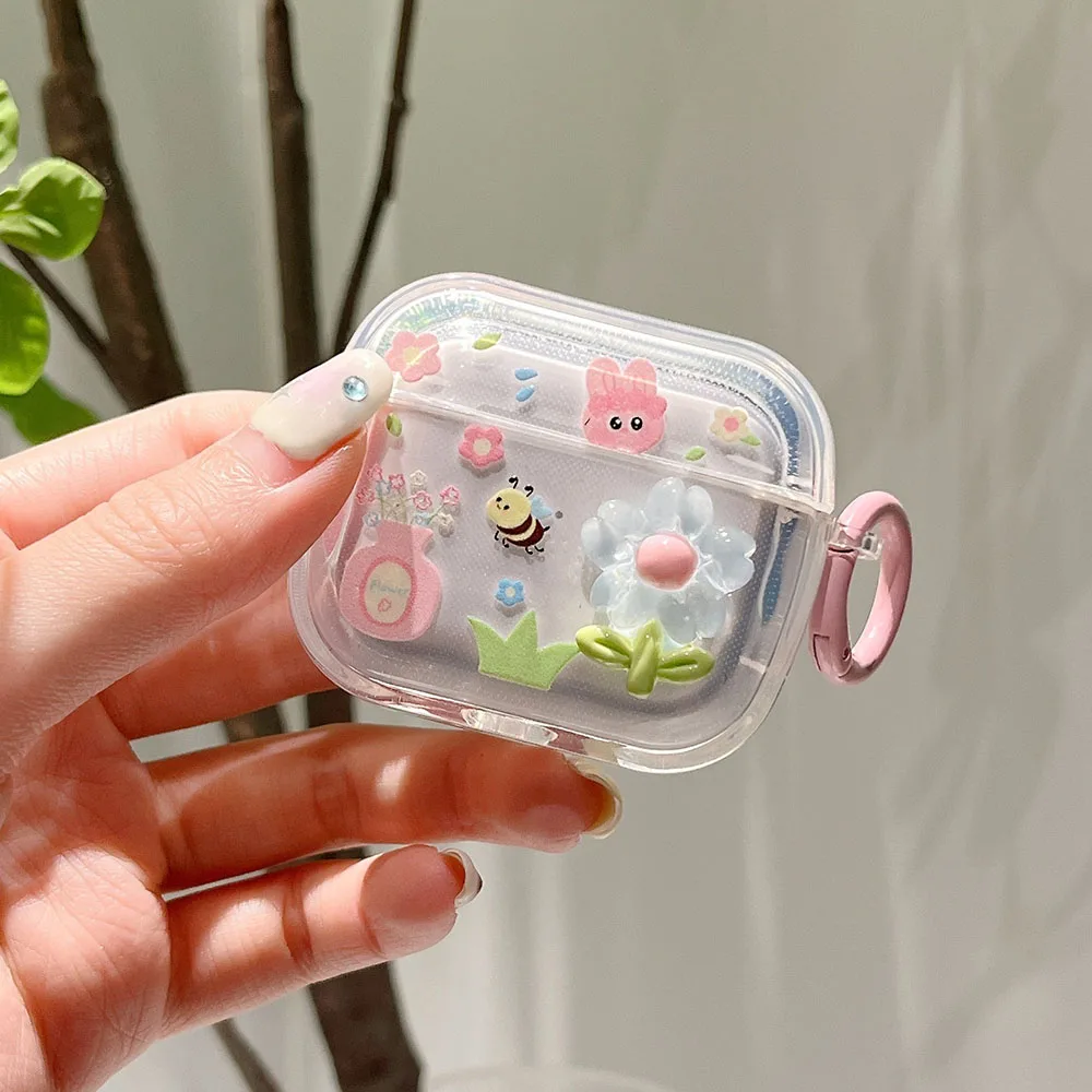 Simpatica custodia per auricolari 3D Fresh Flower Bee per AirPods Pro 1 2 custodia TPU trasparente per Airpods 3 custodia per cuffie Bluetooth con portachiavi