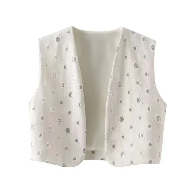 

New Summer Women Suit White Sleeveless Sequin Decoration Cardigan Vests+Mid-Waist Pockets Button Zipper Mini Skirts