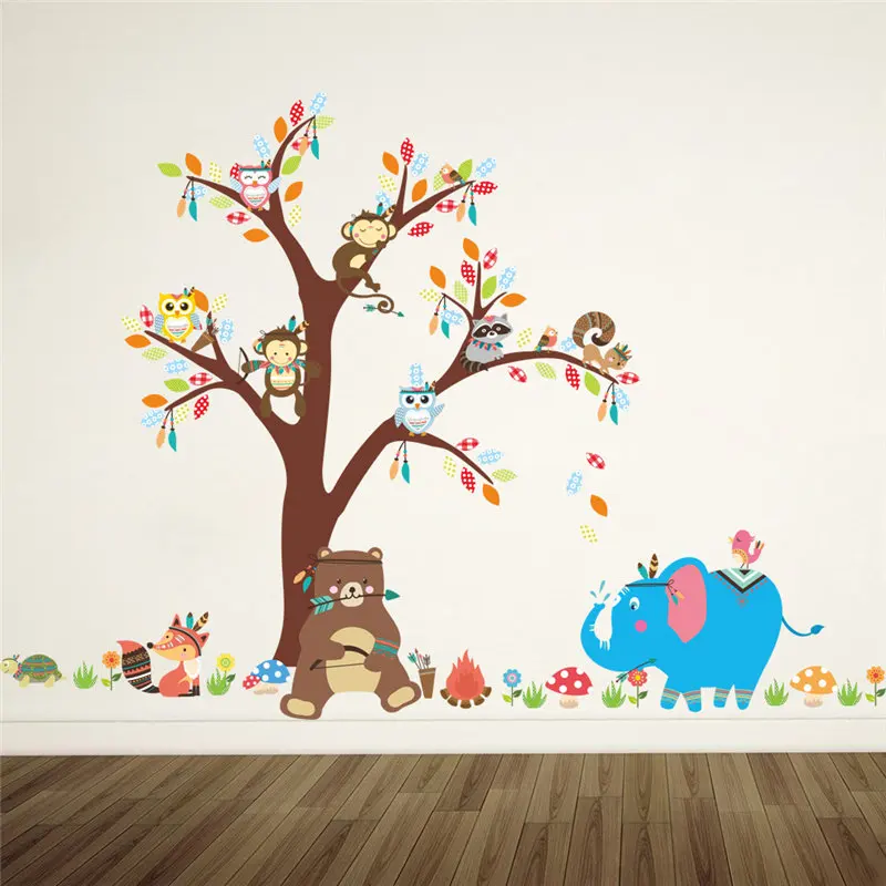 Lovely Animal Big Tree For Kindergarten Wall Sticker Kids Room Home Decor Elephant Monkey Cartoon Safari Mural Art Decal