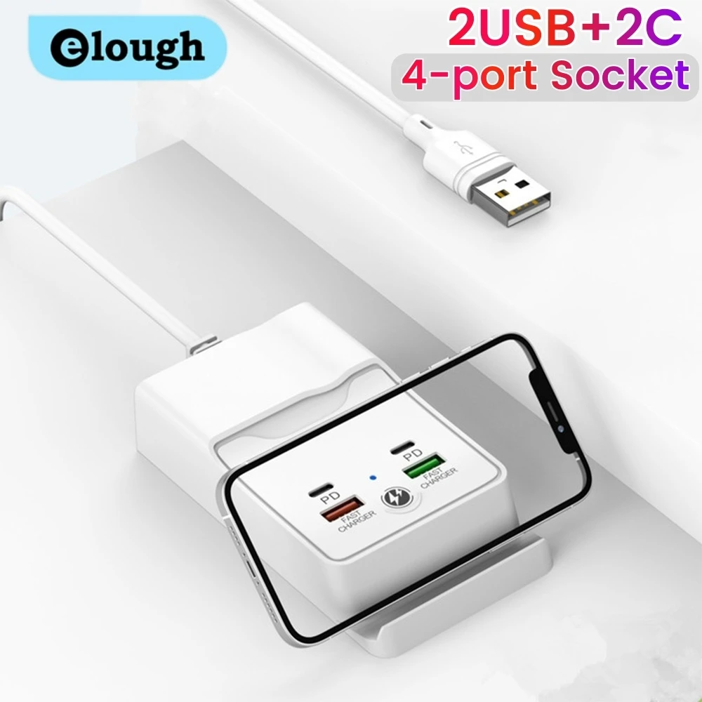 Elough Multifunction USB Desktop Power Strip Holder 4 Ports USB Type C Quick Charging Socket For Phone Tablet Laptop