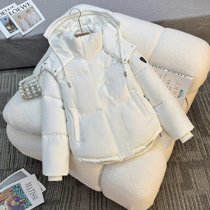 White Short Hooded Women's Puffer Jacket Winter Thick Stand Collar Cotton Padded Coat Loose Long Sleeve Warm Casual Outerwear