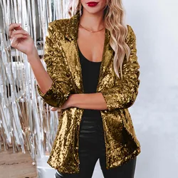 Fashion Blazer Party Sequin Jacket for Women Open Front Blazer Sparkle Top Long Sleeve Cardigan Coat Bomber Jackets Y2K Clubwear