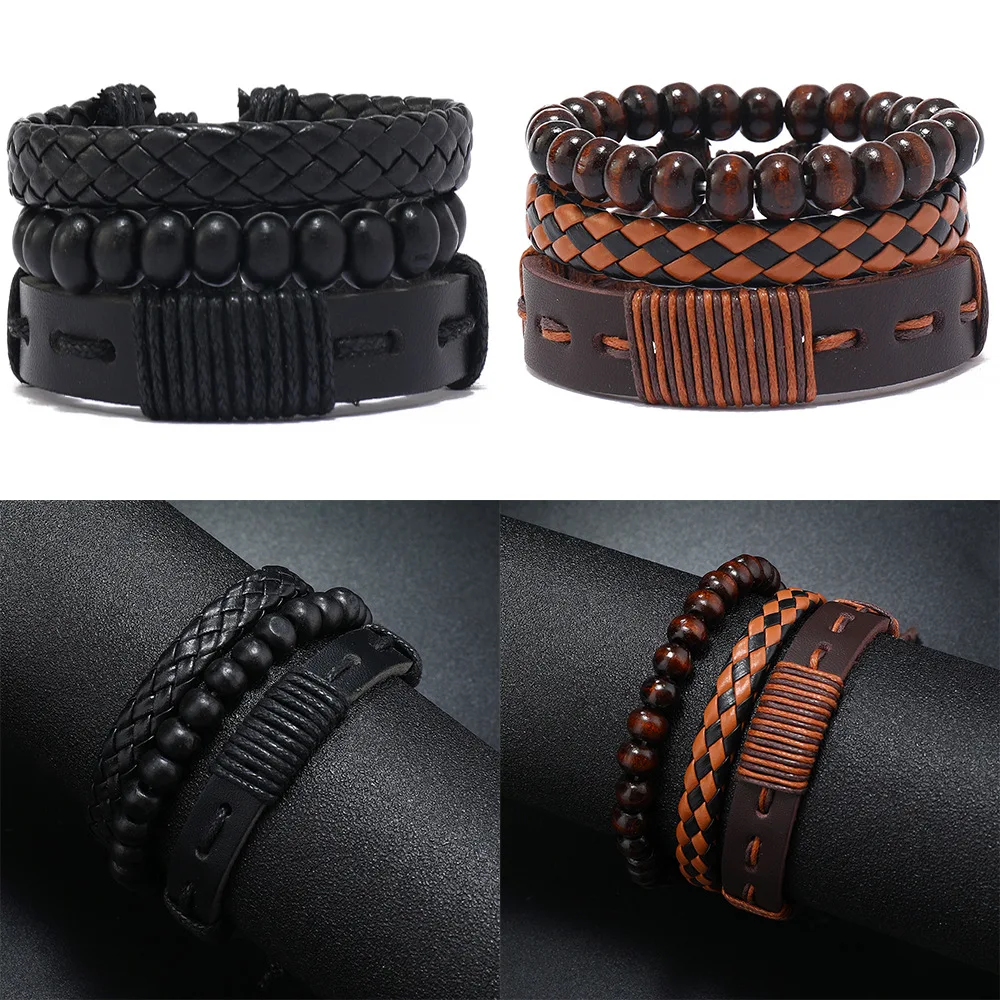 Pulseira de couro retrô para homens, Pulseira frisada tecida elegante, Pulseira ajustável, Acessórios simples para presente