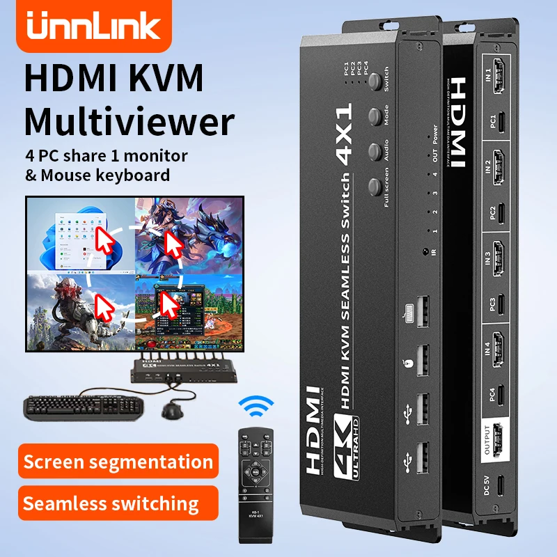 

Unnlink 4K HDMI KVM Quad MultiViewer Seamless Switch 4 PC Sharing 1 monitor With 4 USB Mouse Keyboard Synchronous HotKey Control