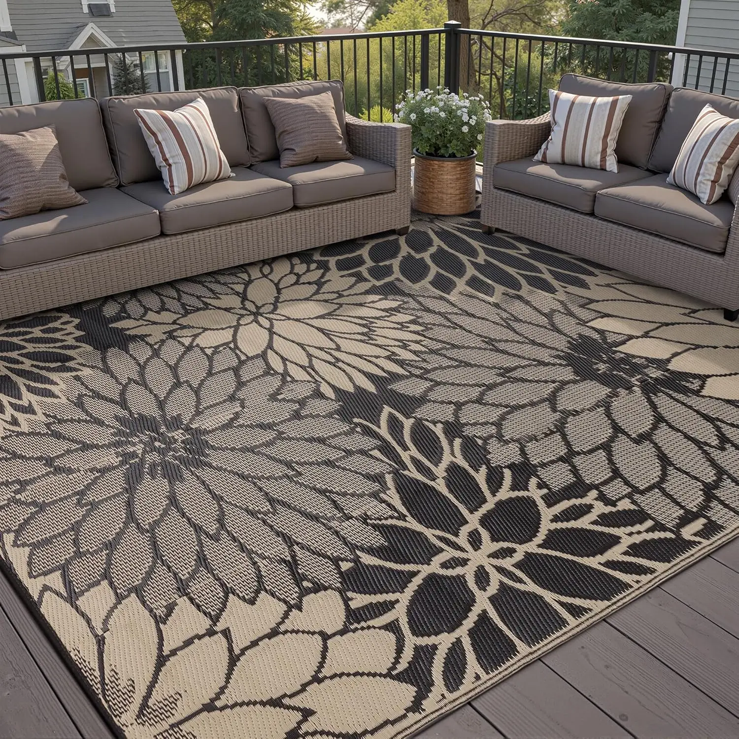 

8'x10' Outdoor Rug Waterproof Plastic Straw Rugs Large Brown Reversible Floral Mat Floor Carpet for Camping RV Deck Entryance