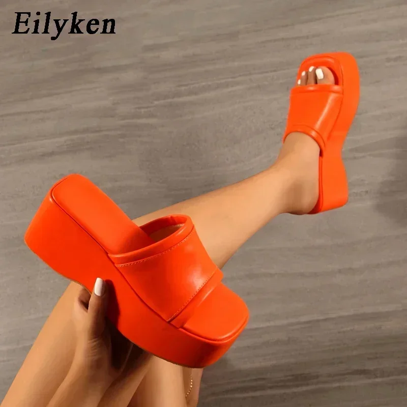 

Eilyken/летние однотонные женские тапочки на платформе, модные женские сандалии с квадратным носком и толстой подошвой для банкета и вечеринки
