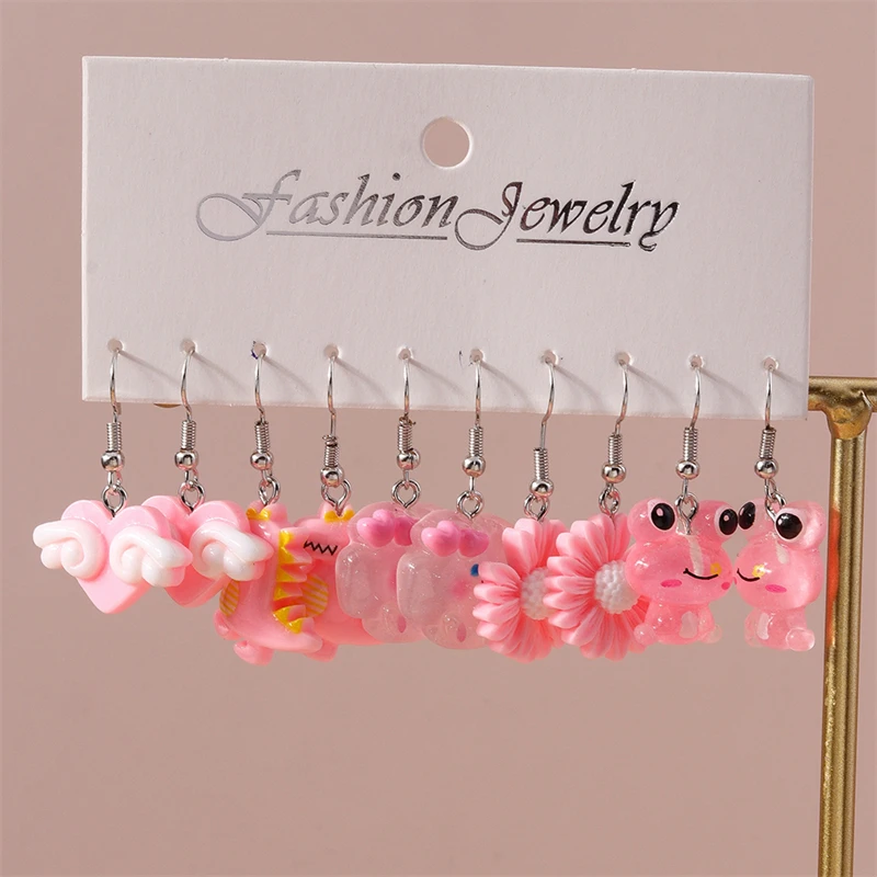 5Pairs/Set Fashion Flower Drop Earrings for Women Resin Heart Animal Dangle Hooks Earrings Girls Party Holiday Jewelry Gifts