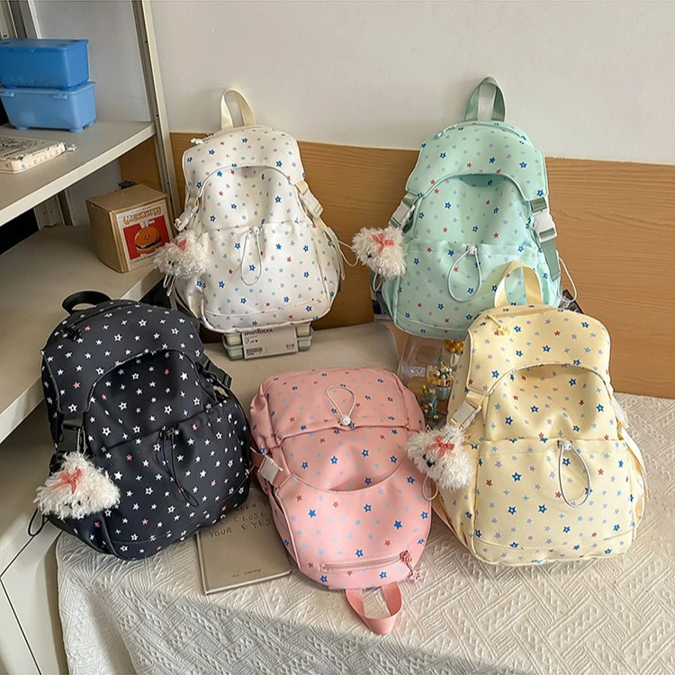 

Nylon lightweight student schoolbag, cute color-blocking five-pointed star girl commuting and travel waterproof backpack