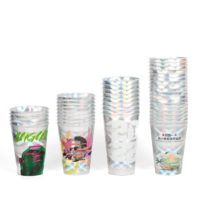 custom.LOKYO Fashionable Holographic pp Film Inner Pasted Disposable Boba Plastic Cup with