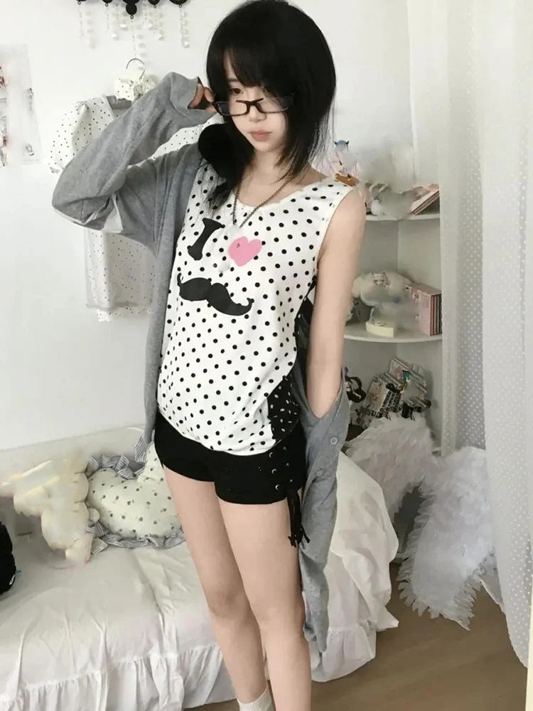 لطيف البولكا نقطة طباعة أكمام تانك القمم المرأة خمر Y2k الجمالية سليم صالح ملابس خارجية سترة حلوة شيك كاميس Harajuku