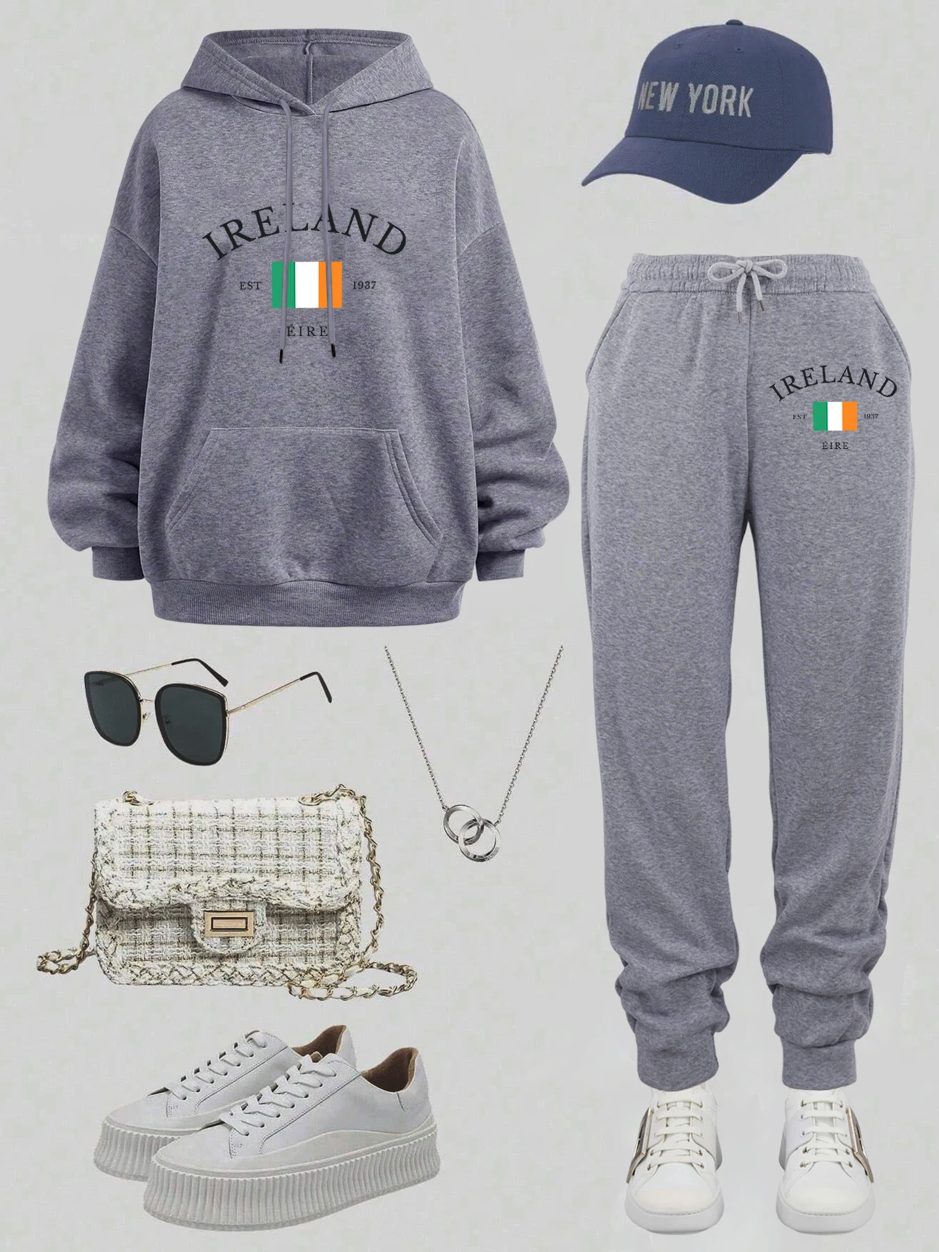 ชุดฮู้ดดี้แฟชั่นผู้หญิงลายพิมพ์ Ireland Est 1937 พร้อมกางเกงจ็อกกิ้งลำลองมีกระเป๋า กางเกงวอร์มผ้าฟลีซสำหรับฤดูใบไม้ร่วง เสื้อผ้าสตรีแนวสตรีท