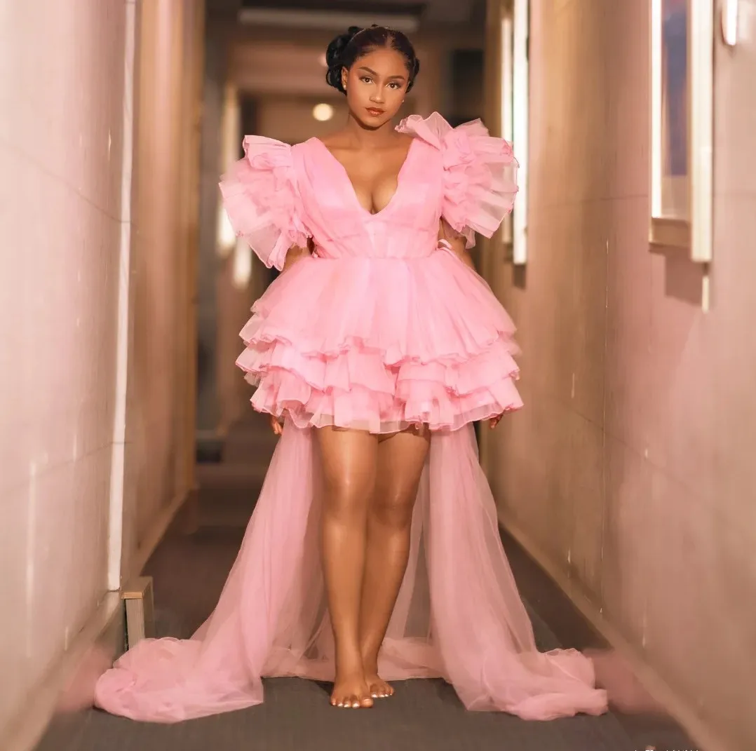 

Розовое женское платье на день рождения с высоким и низким вырезом, прозрачное вечернее платье из тюля с v-образным вырезом и короткими рукавами, вечернее платье по индивидуальному заказу, официальное свадебное платье