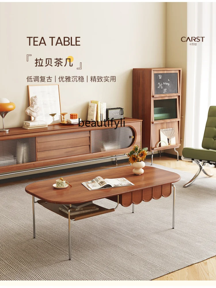 Solid Wood Coffee Table Living Room Table Home Retro Nordic High Leg Tea Table Prolate Ellipse Storage Tea Table