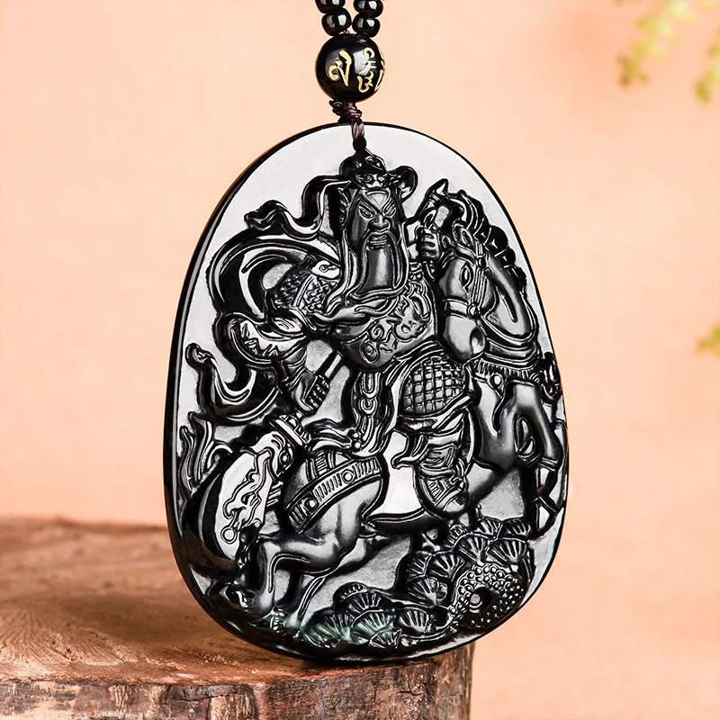 

Black Myanmar Jadeite Guan Yu Pendant Necklace Talismans Real Jewelry Natural Burmese Jade Gifts for Women Amulet Choker Carved